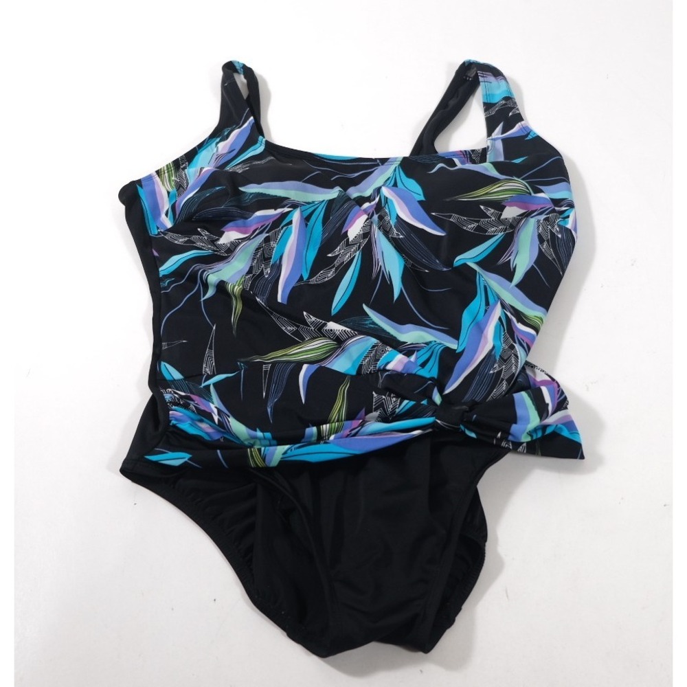 Great Lengths Swimsuit Womens 16 Black Tropical Leaf Print Faux Wrap One Piece